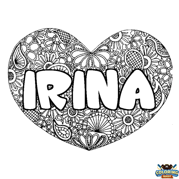 Coloring page first name IRINA - Heart mandala background