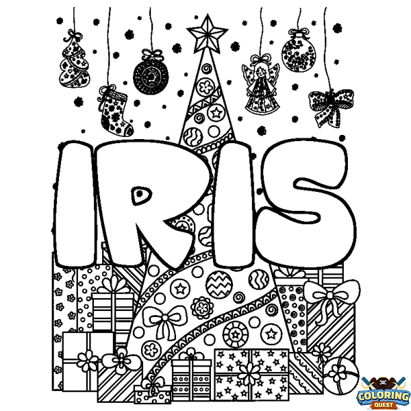 Coloring page first name IRIS - Christmas tree and presents background