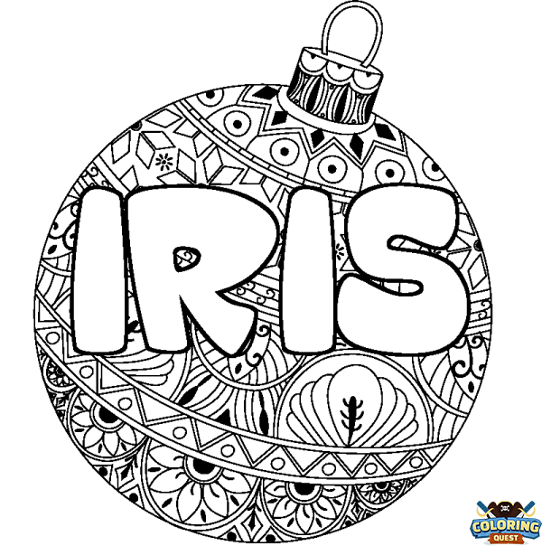 Coloring page first name IRIS - Christmas tree bulb background