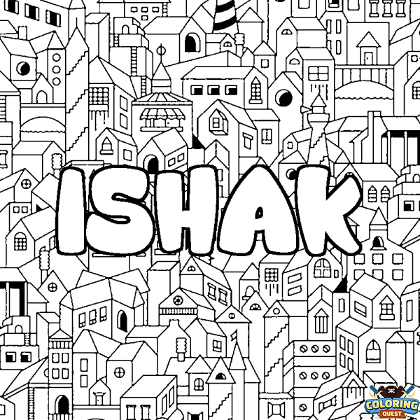 Coloring page first name ISHAK - City background