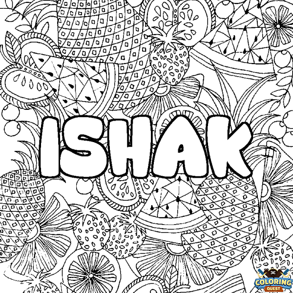 Coloring page first name ISHAK - Fruits mandala background