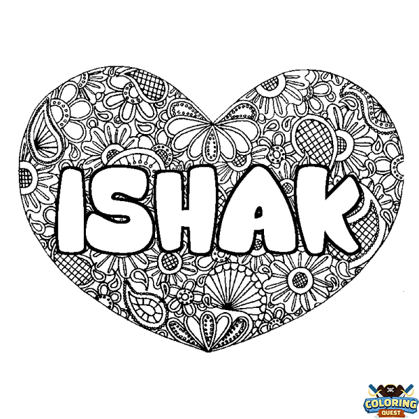 Coloring page first name ISHAK - Heart mandala background