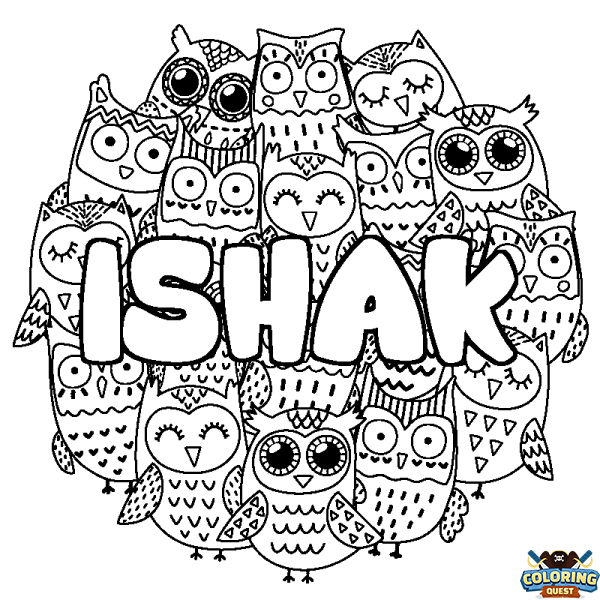 Coloring page first name ISHAK - Owls background