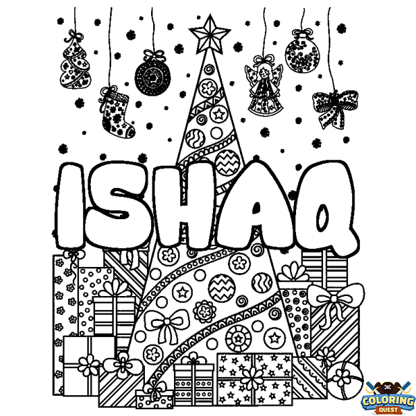 Coloring page first name ISHAQ - Christmas tree and presents background