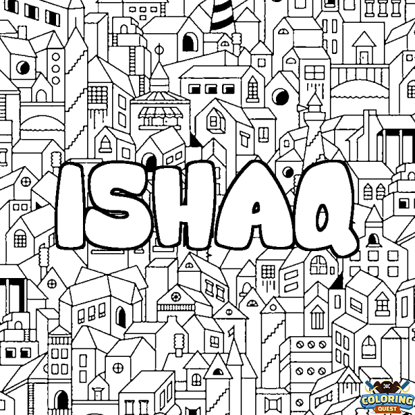 Coloring page first name ISHAQ - City background