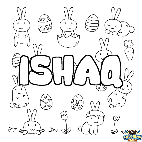 Coloring page first name ISHAQ - Easter background