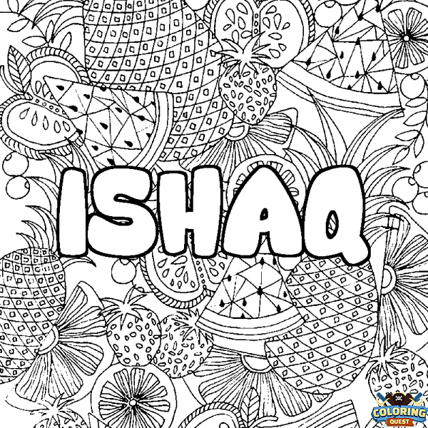 Coloring page first name ISHAQ - Fruits mandala background
