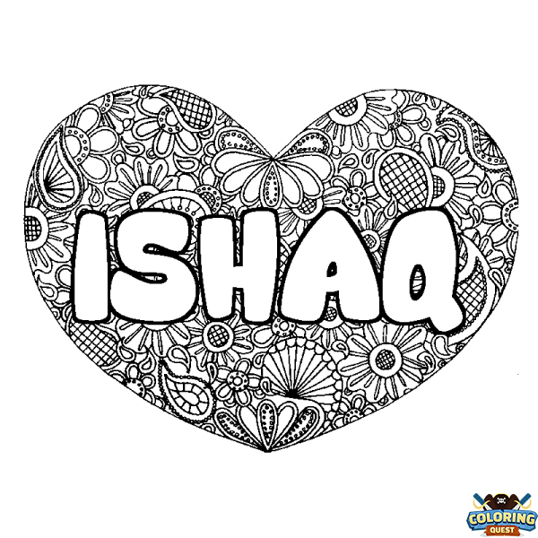 Coloring page first name ISHAQ - Heart mandala background