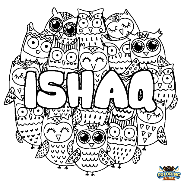 Coloring page first name ISHAQ - Owls background