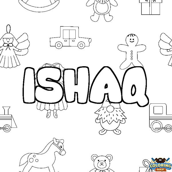 Coloring page first name ISHAQ - Toys background