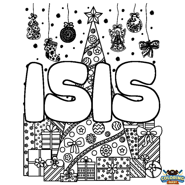 Coloring page first name ISIS - Christmas tree and presents background