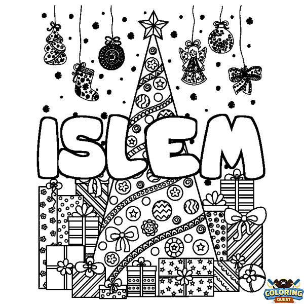 Coloring page first name ISLEM - Christmas tree and presents background