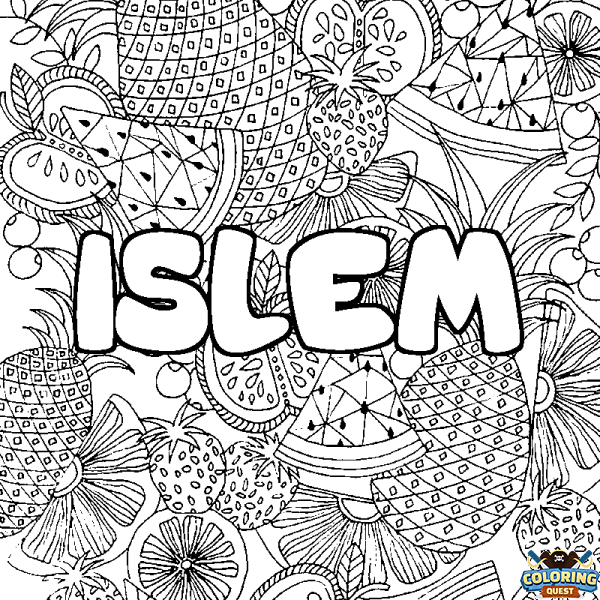 Coloring page first name ISLEM - Fruits mandala background