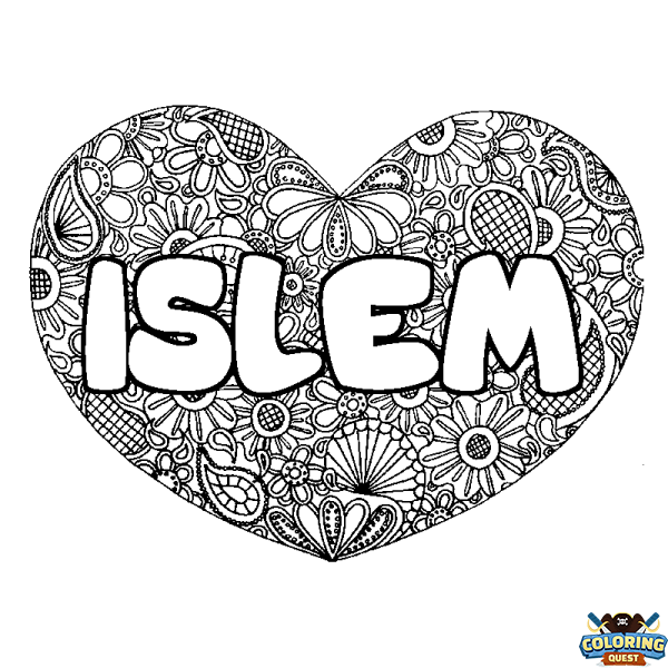Coloring page first name ISLEM - Heart mandala background