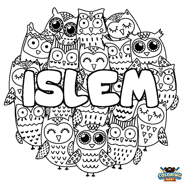 Coloring page first name ISLEM - Owls background