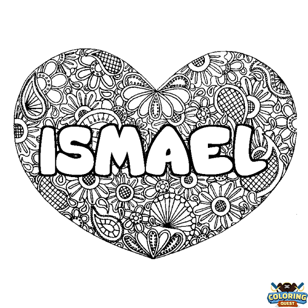 Coloring page first name ISMAEL - Heart mandala background