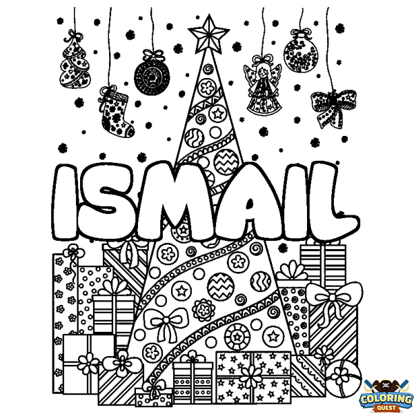 Coloring page first name ISMAIL - Christmas tree and presents background