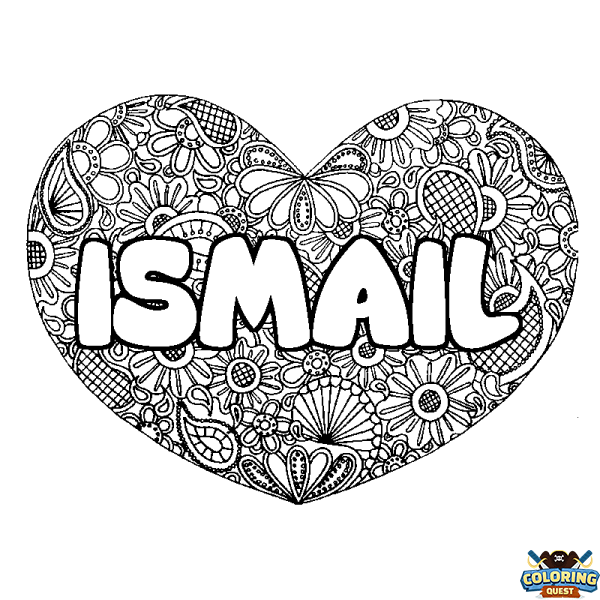 Coloring page first name ISMAIL - Heart mandala background