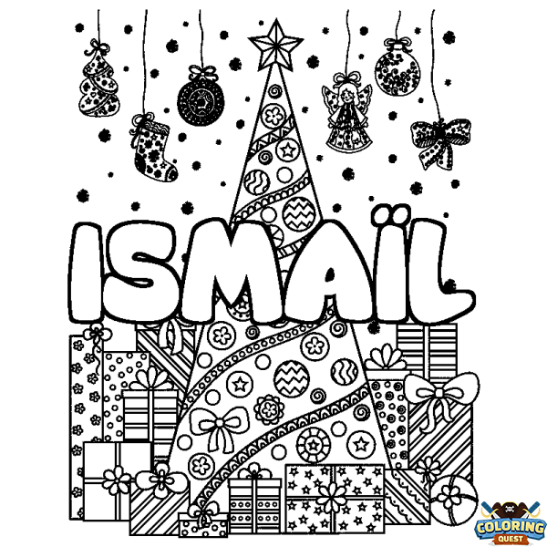 Coloring page first name ISMA&Iuml;L - Christmas tree and presents background