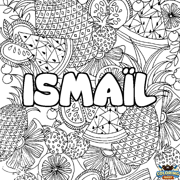 Coloring page first name ISMA&Iuml;L - Fruits mandala background