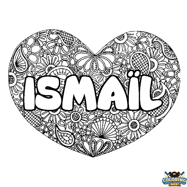 Coloring page first name ISMA&Iuml;L - Heart mandala background