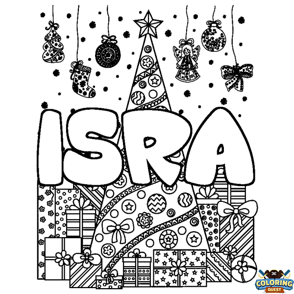 Coloring page first name ISRA - Christmas tree and presents background