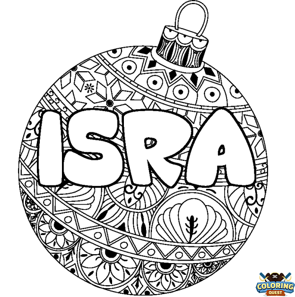 Coloring page first name ISRA - Christmas tree bulb background