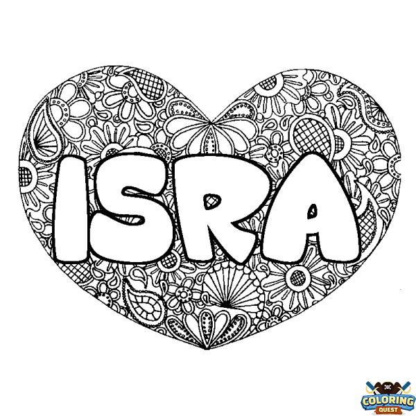 Coloring page first name ISRA - Heart mandala background
