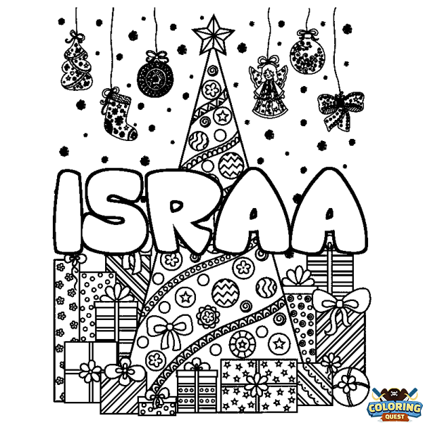Coloring page first name ISRAA - Christmas tree and presents background