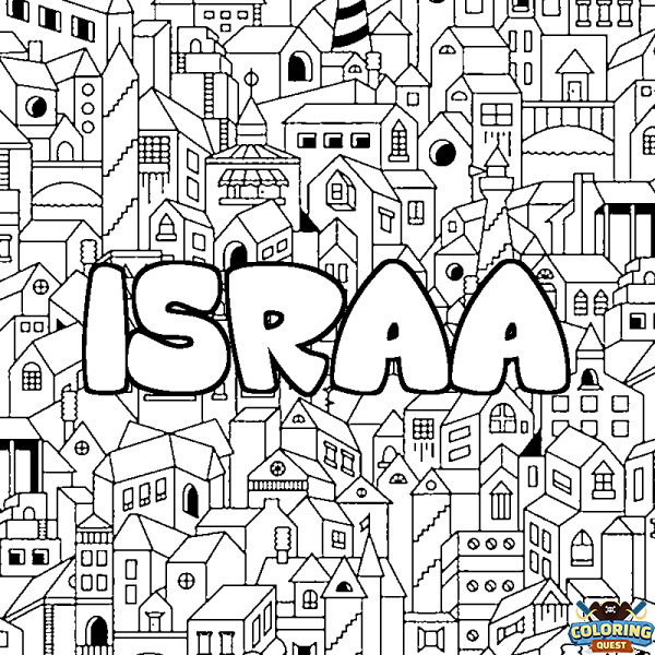 Coloring page first name ISRAA - City background