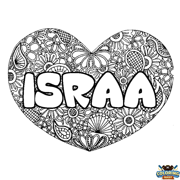 Coloring page first name ISRAA - Heart mandala background