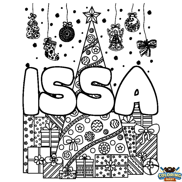 Coloring page first name ISSA - Christmas tree and presents background