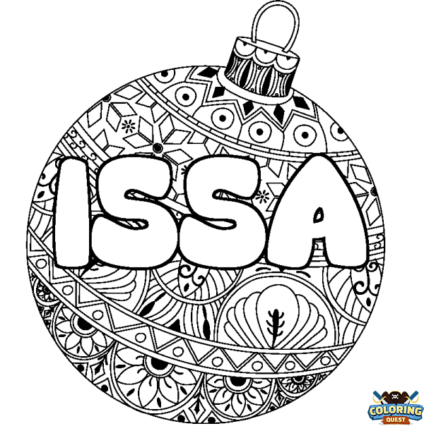Coloring page first name ISSA - Christmas tree bulb background