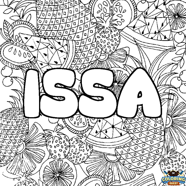 Coloring page first name ISSA - Fruits mandala background