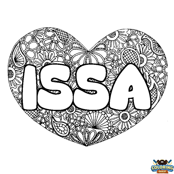 Coloring page first name ISSA - Heart mandala background