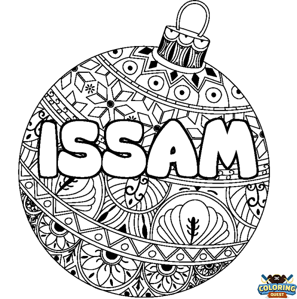 Coloring page first name ISSAM - Christmas tree bulb background