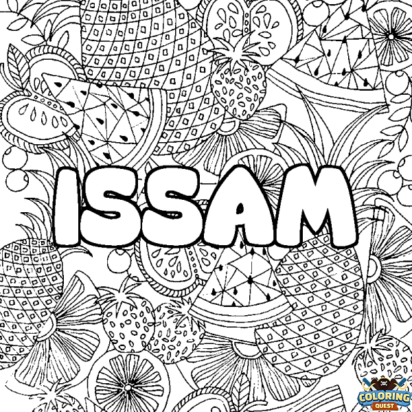 Coloring page first name ISSAM - Fruits mandala background