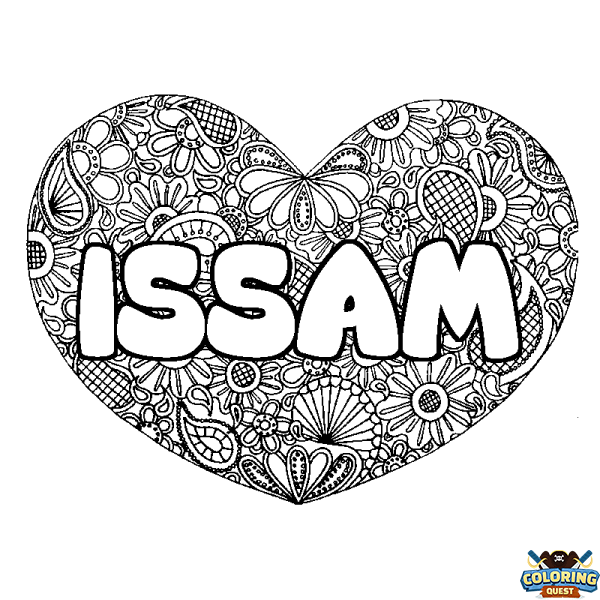 Coloring page first name ISSAM - Heart mandala background