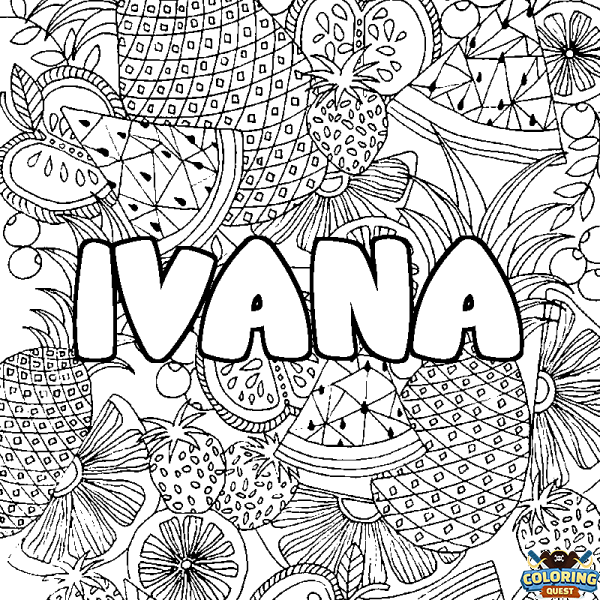 Coloring page first name IVANA - Fruits mandala background