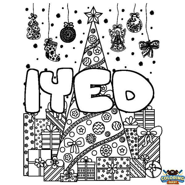 Coloring page first name IYED - Christmas tree and presents background