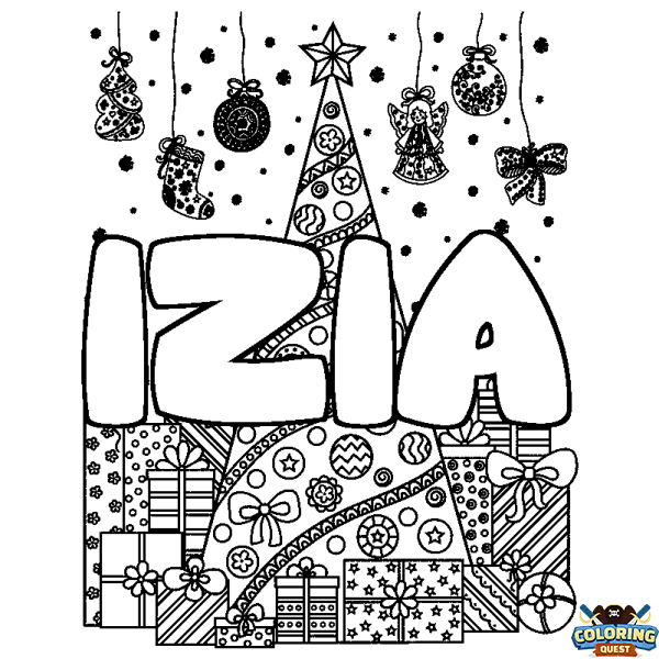 Coloring page first name IZIA - Christmas tree and presents background