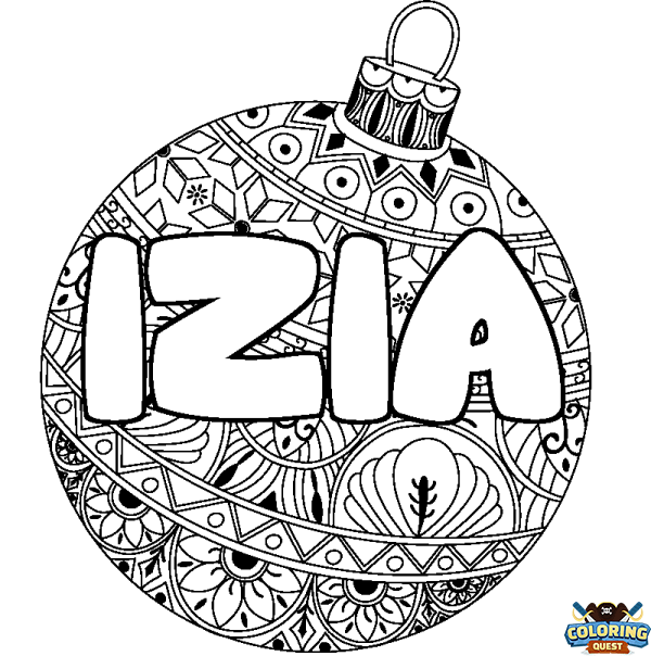 Coloring page first name IZIA - Christmas tree bulb background