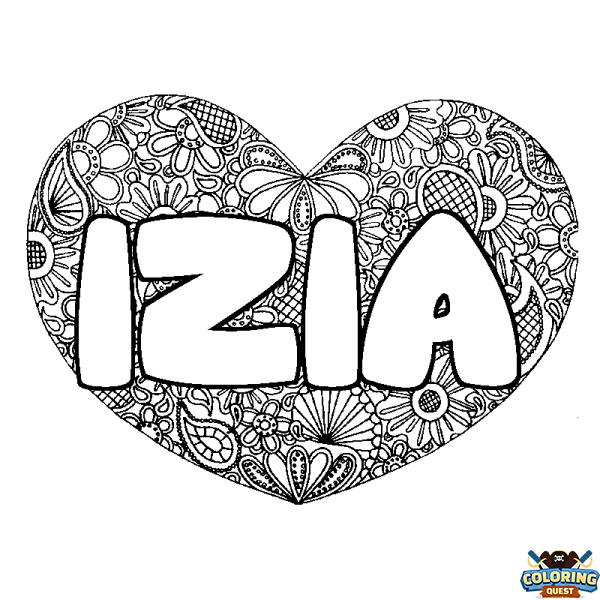 Coloring page first name IZIA - Heart mandala background