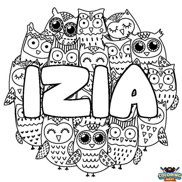 Coloring page first name IZIA - Owls background