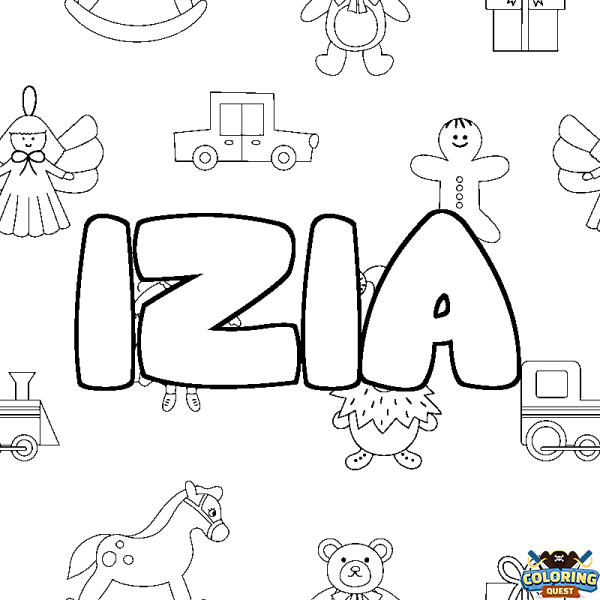 Coloring page first name IZIA - Toys background