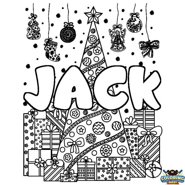 Coloring page first name JACK - Christmas tree and presents background