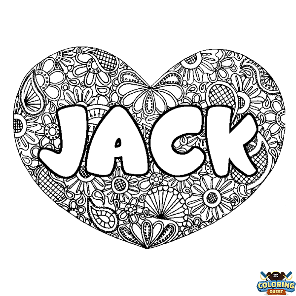 Coloring page first name JACK - Heart mandala background