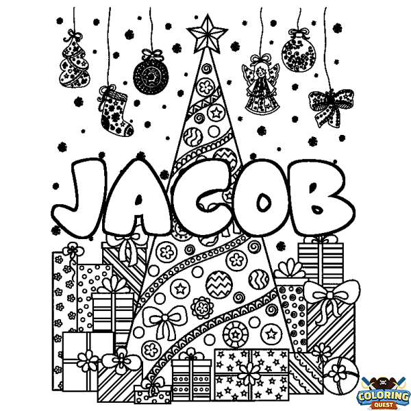 Coloring page first name JACOB - Christmas tree and presents background
