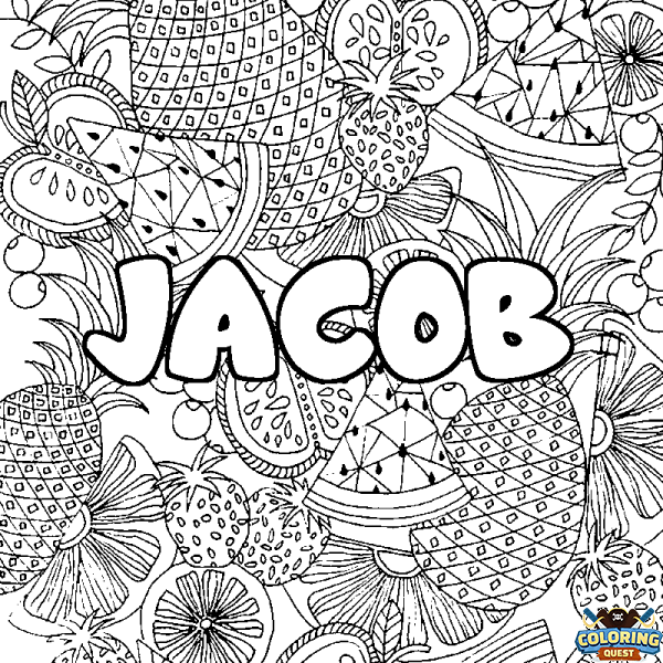 Coloring page first name JACOB - Fruits mandala background