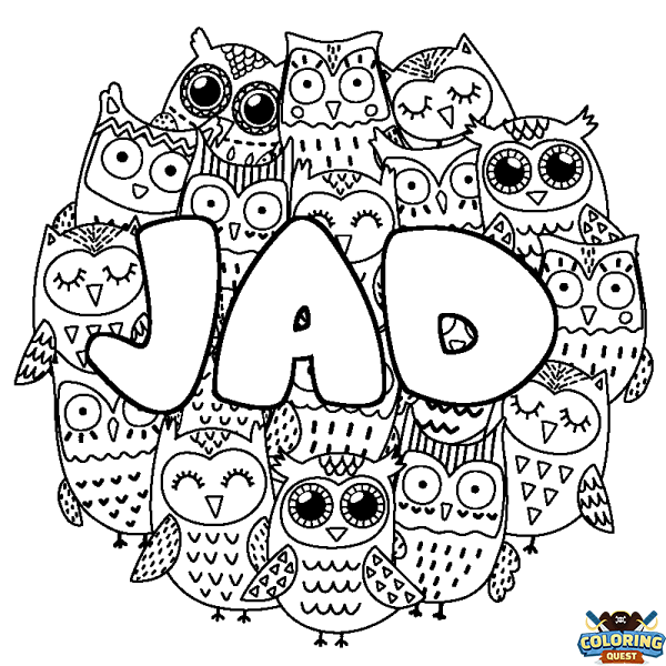 Coloring page first name JAD - Owls background